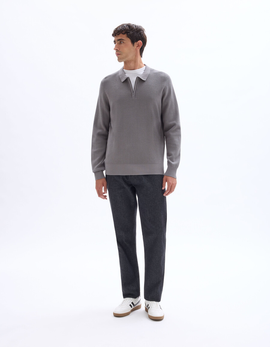 maglione con collo polo e cerniera in rilievo