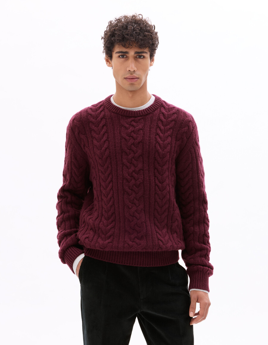 maglione girocollo in misto lana lavorato a maglia a trecce