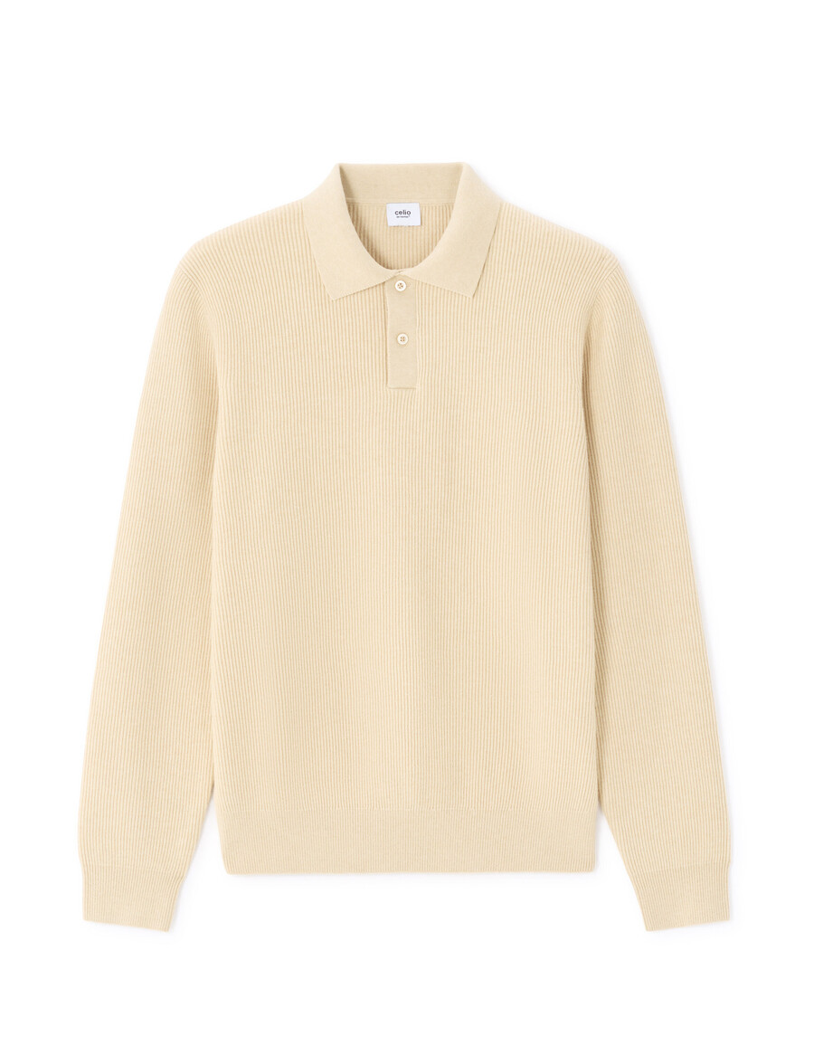 maglione a coste beige con colletto polo